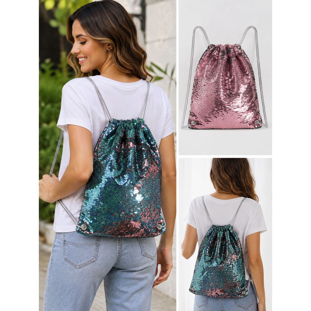 More Than Magic Reversible Sequin Drawstring Backpack Teal Pink Mermaid Bag
